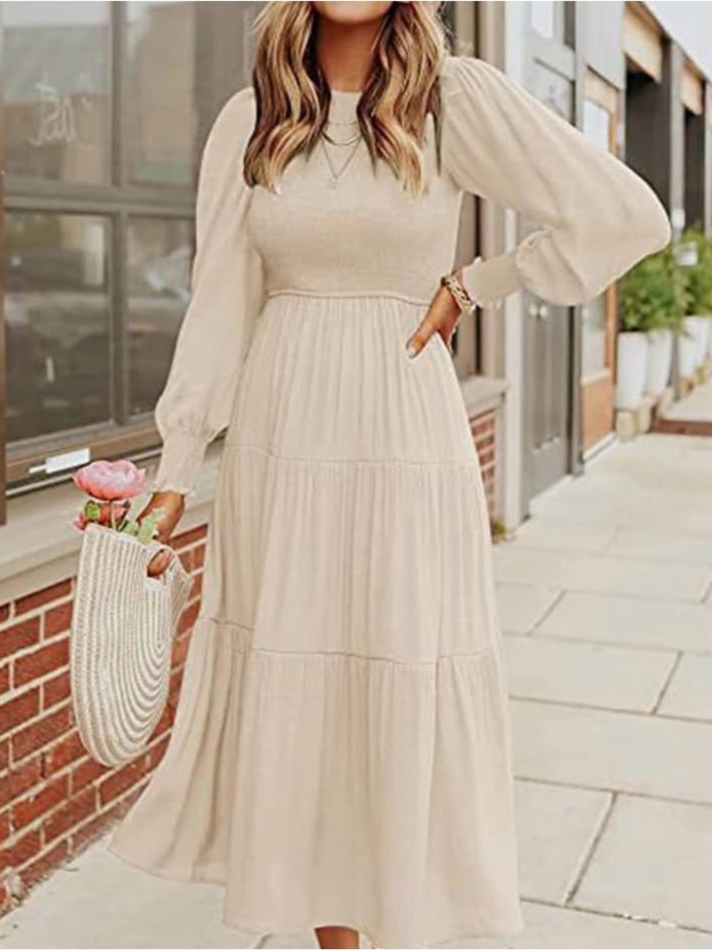 ZESICA Casual Long Sleeve Crew Neck Midi Dress - Cream Sz S Women